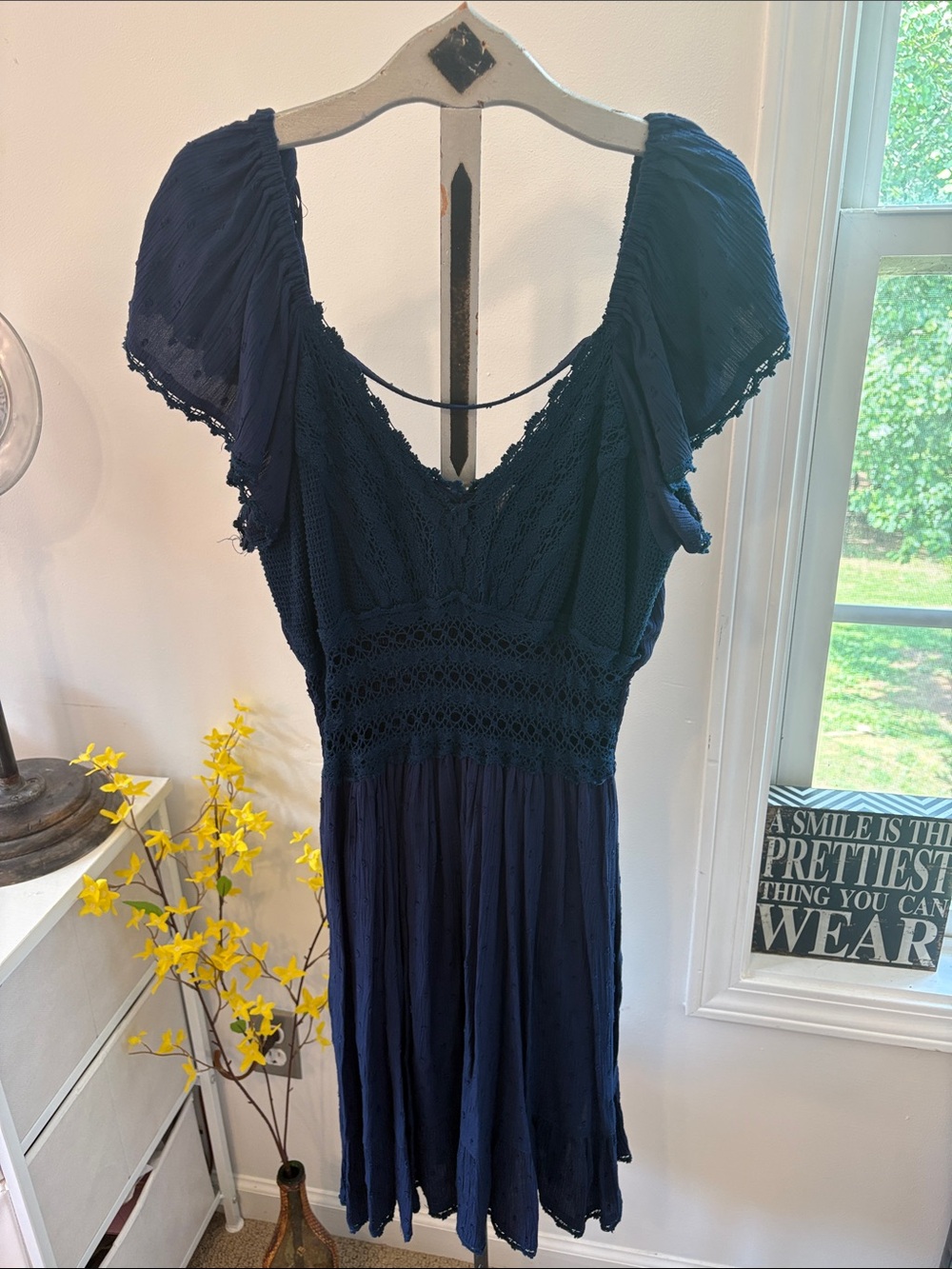 Angie Navy Crochet-Detail Midi Dress with Flutter Sleeves